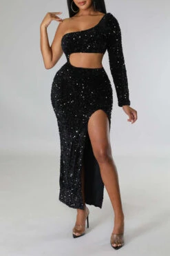 Sequined Flattering Cutout Waist High Split Midi Dress -Prettytina H22112227 BK 3