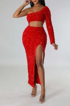 Sequined Flattering Cutout Waist High Split Midi Dress -Prettytina H22112227 RE 1