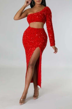 Sequined Flattering Cutout Waist High Split Midi Dress -Prettytina H22112227 RE 2