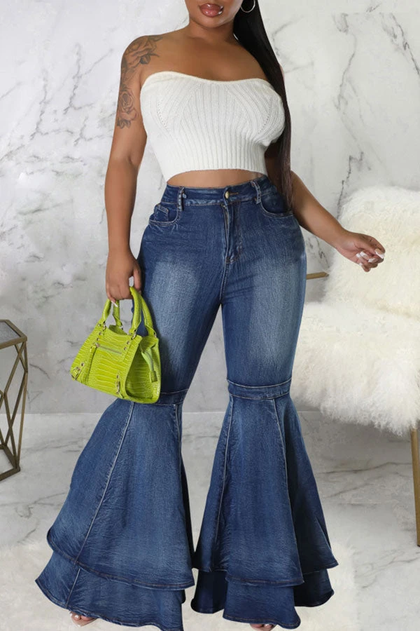 Solid Color Pretty Layered Bell Bottoms Jeans 3 Solid Color Pretty Layered Bell Bottoms Jeans - Image 3