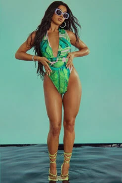 Leaf Print Beachy Strappy One Piece Swimwear -Prettytina H23010525 GR 4