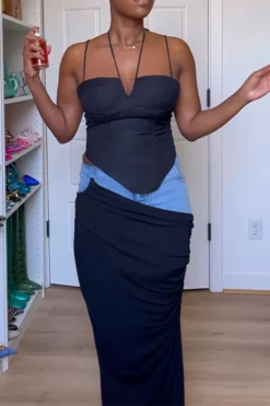 Denim Patchwork Chic Draped Skirt -Prettytina H23020239 BK 2 668346c8 8fc9 4377 ae63 04e2ae4c588d