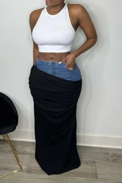 Denim Patchwork Chic Draped Skirt