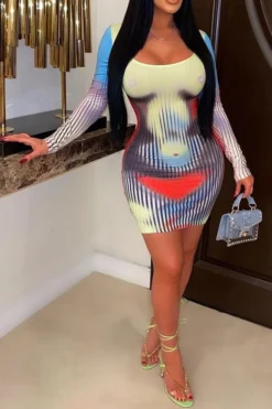Colorful Gradient Artistic Body Print Bodycon Mini Dress