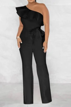 Solid Color Striking Ruffle Belted Jumpsuit 17 Solid Color Striking Ruffle Belted Jumpsuit -Prettytina H23021026 BK 1