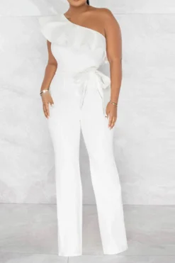 Solid Color Striking Ruffle Belted Jumpsuit