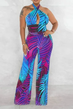 Leaf Print Tropical Backless Lace-Up Jumpsuit -Prettytina H23021027 BL 2