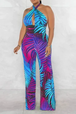 Leaf Print Tropical Backless Lace-Up Jumpsuit -Prettytina H23021027 BL 3