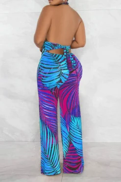Leaf Print Tropical Backless Lace-Up Jumpsuit -Prettytina H23021027 BL 4