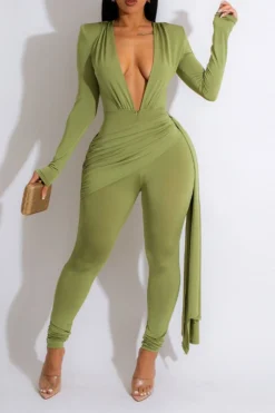 Solid Color Deep V Neck Chic Side Train Jumpsuit