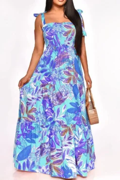 Leaf Print Strap Shirred Undeniable Tiered Ruffle Maxi Dress -Prettytina H23021052 BL 1
