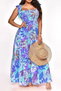 Leaf Print Strap Shirred Undeniable Tiered Ruffle Maxi Dress -Prettytina H23021052 BL 2