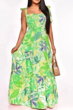 Leaf Print Strap Shirred Undeniable Tiered Ruffle Maxi Dress -Prettytina H23021052 GR 1