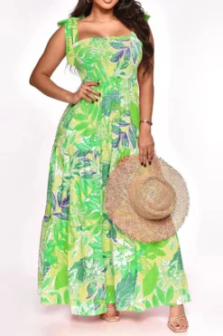 Leaf Print Strap Shirred Undeniable Tiered Ruffle Maxi Dress -Prettytina H23021052 GR 2