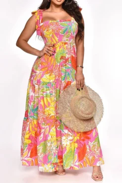 Leaf Print Strap Shirred Undeniable Tiered Ruffle Maxi Dress -Prettytina H23021052 PI 1