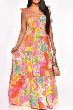 Leaf Print Strap Shirred Undeniable Tiered Ruffle Maxi Dress -Prettytina H23021052 PI 2