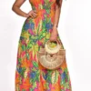 Leaf Print Strap Shirred Undeniable Tiered Ruffle Maxi Dress