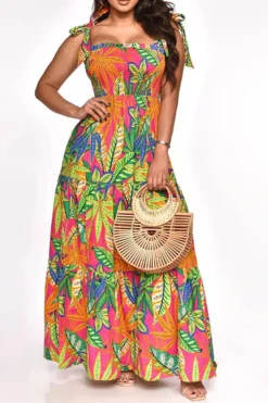 Leaf Print Strap Shirred Undeniable Tiered Ruffle Maxi Dress