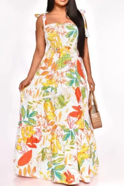 Leaf Print Strap Shirred Undeniable Tiered Ruffle Maxi Dress -Prettytina H23021052 WH 1