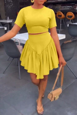 Solid Color On-trend Ruffle Hem Dress Suit -Prettytina H23021083 YE 1