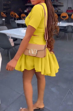 Solid Color On-trend Ruffle Hem Dress Suit -Prettytina H23021083 YE 2