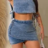 Solid Color Party Tie Side Irregular Denim Dress Suit