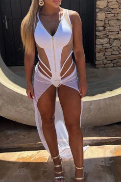 Mesh Patchwork Feminine Cutout One Piece Swimwear -Prettytina H23021601 WH 3