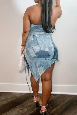 Denim Print Hot Drawstring High Split Irregular Mini Dress -Prettytina H23021604 RT 5