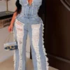 Rivet Decor Undeniable Ripped Burrs Denim Jumpsuit