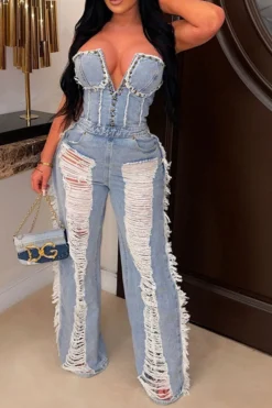 Rivet Decor Undeniable Ripped Burrs Denim Jumpsuit