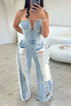 Rivet Decor Undeniable Ripped Burrs Denim Jumpsuit -Prettytina H23021626 BL 3