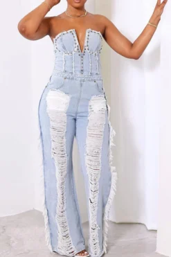 Rivet Decor Undeniable Ripped Burrs Denim Jumpsuit -Prettytina H23021626 BL 4