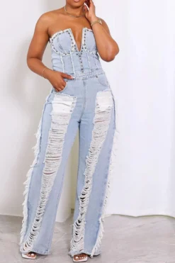 Rivet Decor Undeniable Ripped Burrs Denim Jumpsuit -Prettytina H23021626 BL 5