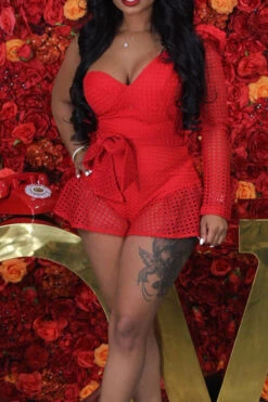 Solid Color Hollow-Out Girly Ruffle Belted Romper 18 Solid Color Hollow-Out Girly Ruffle Belted Romper -Prettytina H23021629 RE 3