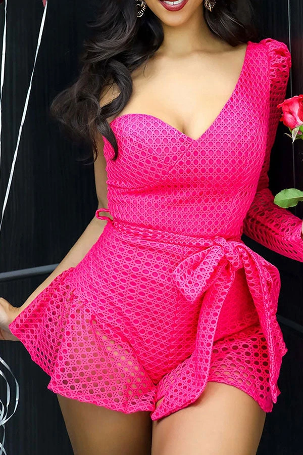 Solid Color Hollow-Out Girly Ruffle Belted Romper 1 Solid Color Hollow-Out Girly Ruffle Belted Romper