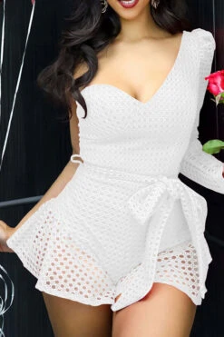 Solid Color Hollow-Out Girly Ruffle Belted Romper 20 Solid Color Hollow-Out Girly Ruffle Belted Romper -Prettytina H23021629 WH 1