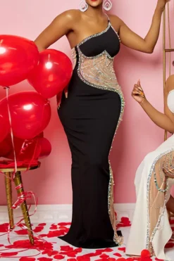 Rhinestone Trim Rocking Mesh Patchwork Maxi Dress -Prettytina H23021652 BK 2