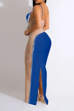 Rhinestone Trim Rocking Mesh Patchwork Maxi Dress -Prettytina H23021652 BL 2