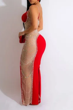 Rhinestone Trim Rocking Mesh Patchwork Maxi Dress -Prettytina H23021652 RE 5