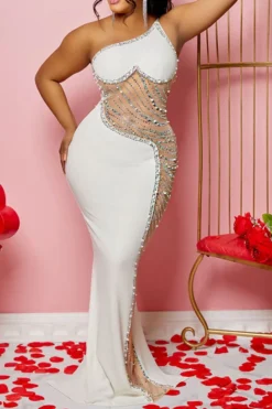 Rhinestone Trim Rocking Mesh Patchwork Maxi Dress -Prettytina H23021652 WH 3