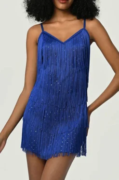 Solid Color Retro Tassel Mini Dress -Prettytina H23021662 BL 2