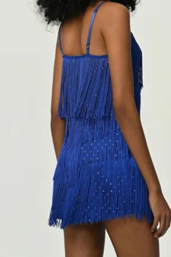 Solid Color Retro Tassel Mini Dress -Prettytina H23021662 BL 3