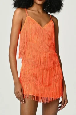 Solid Color Retro Tassel Mini Dress -Prettytina H23021662 OR 2