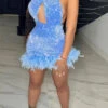 Sequined Sparkly Cross Halter Feather Hem Mini Dress
