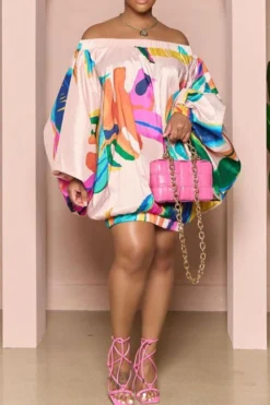 Colorful Leaf Print Smart Off Shoulder Mini Dress