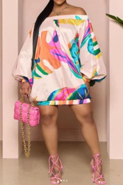 Colorful Leaf Print Smart Off Shoulder Mini Dress -Prettytina H23021681 RT 4