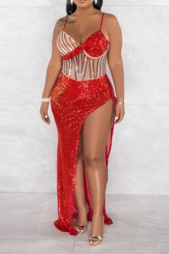 Rhinestone & Sequined Luxe High Split Maxi Dress