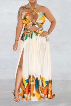 Graffiti Print Tropical Strappy Cutout Open Back Maxi Dress