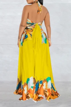 Graffiti Print Tropical Strappy Cutout Open Back Maxi Dress -Prettytina H23021695 YE 2