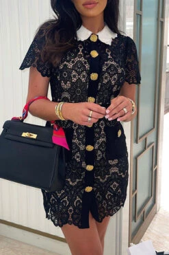 Hit Color Stunning Lace Hollow-Out Mini Dress